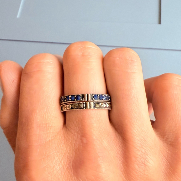 Marcasite & Lapis Reverse Set Gemstone Sterling Silver Two Stacking Band Rings - Picture 6 of 9
